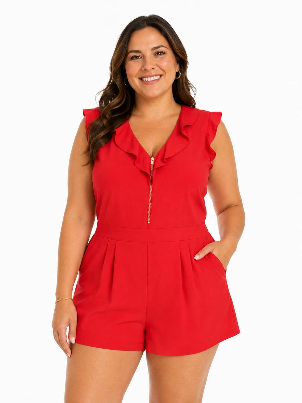 Express Red Ruffle V-Neck Zip Front Romper